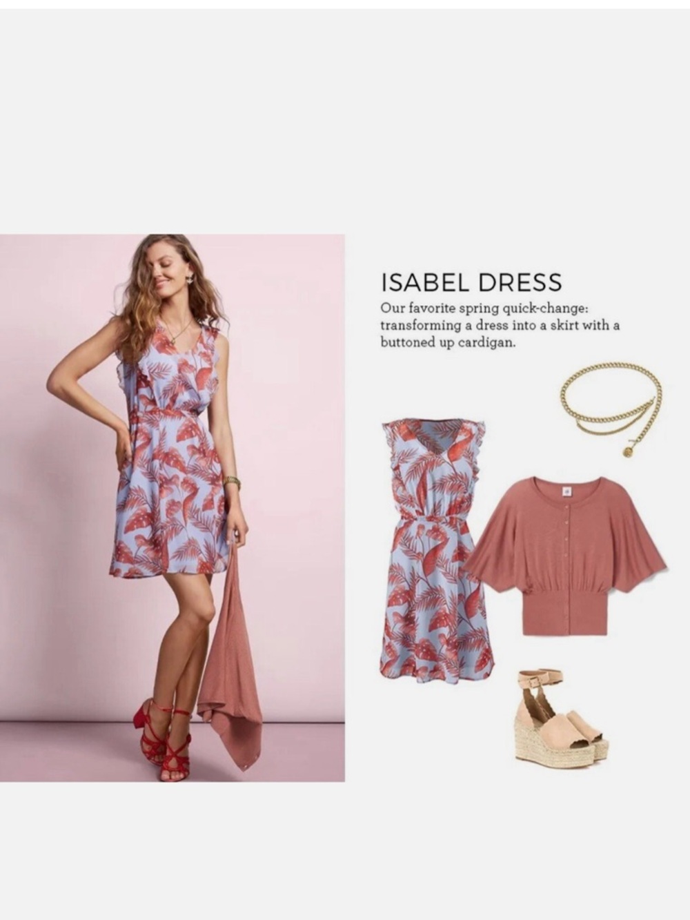 NWT! CAbi Isabel V-Neck Mini Dress in Light Blue with Coral Leaf Print Size L - Picture 2 of 16
